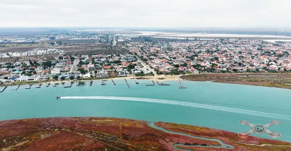 Aerial view of Rooibaai in Velddrif on South Africa’s West Coast, showing the Berg River and surrounding residential area.